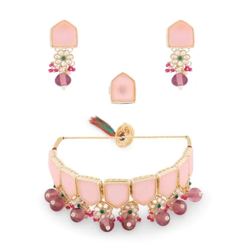 Image of ZAVERI PEARLS Pink Green Stones Necklace