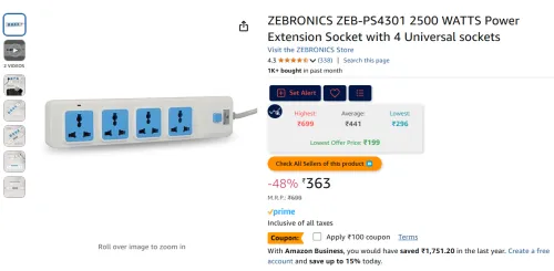 Image of ZEBRONICS Power Extension Socket, 2500 Watts, 4 sockets