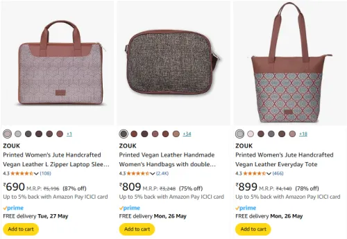Image of ZOUK Women's Handbags at minimum 75% Discount