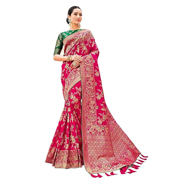 Monjolika Fashion Women's Banarasi Silk Blend Woven Zari With Tussles Saree and Jacquard Woven Blouse Piece (37765 color)