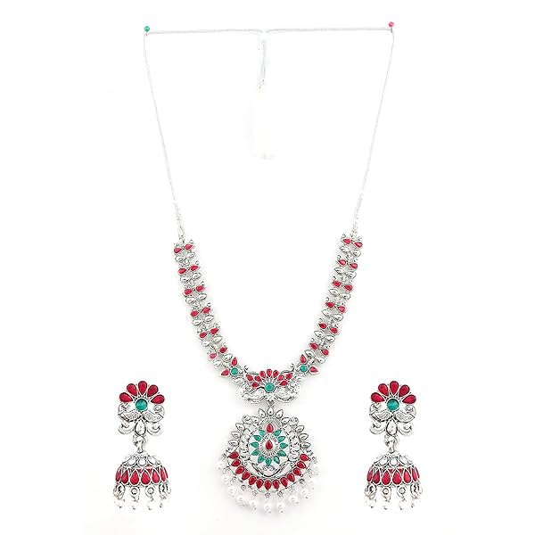 Image of ACCESSHER Silver Plated Ruby and Emerald Stones Embellished Pearl Drops Embedded Antique Oxidized Necklace Set with Jhum