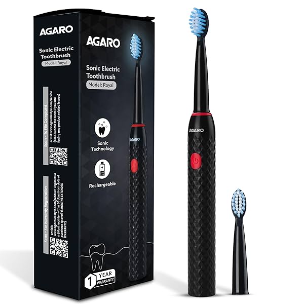 Image of AGARO Royal Sonic Electric Toothbrush 3 Modes 19000 Strokes 2 Brush Heads Black