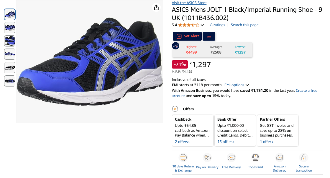 Image of ASICS Mens JOLT 1 Black/Imperial Running Shoe - 9 UK (1011B436.002)