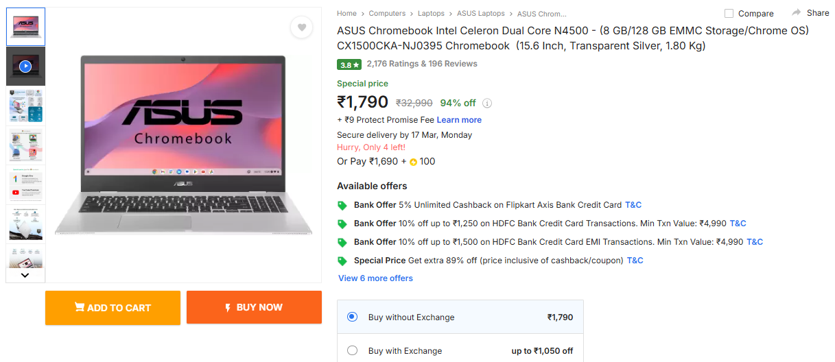 Image of ASUS Chromebook Intel Celeron Dual Core N4500 - (8 GB/128 GB EMMC Storage/Chrome OS) CX1500CKA-NJ0395 Chromebook (15.6 