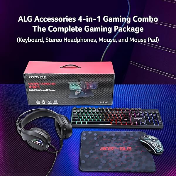 Image of Acer 4-in-1 Gaming Combo – LED Backlit Keyboard | RGB Mouse | 50mm Driver Headset | Mousepad