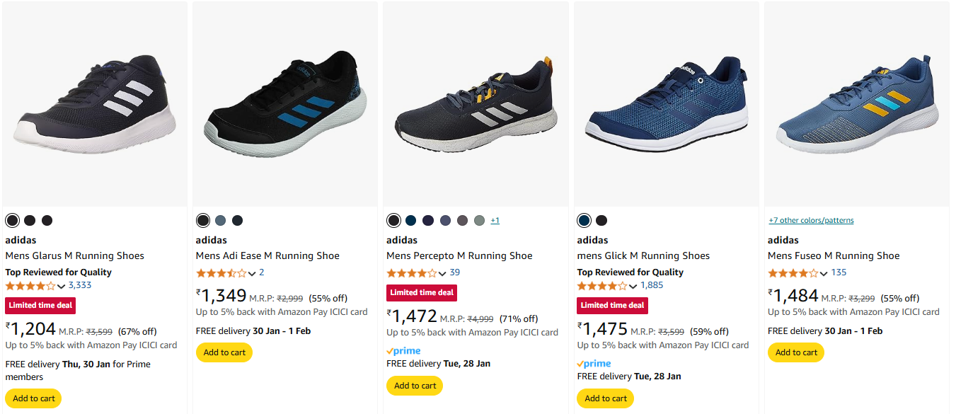 Image of Adidas Men's running Shoes starting @ ₹1204