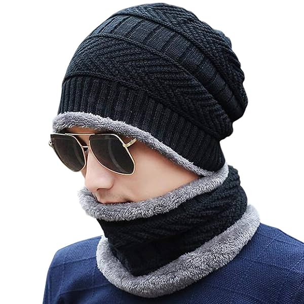 Image of Adroitz Beanie Cap & Muffler Set for Men & Women Woolen Topa Winter Cap & Neck Warmer in Black