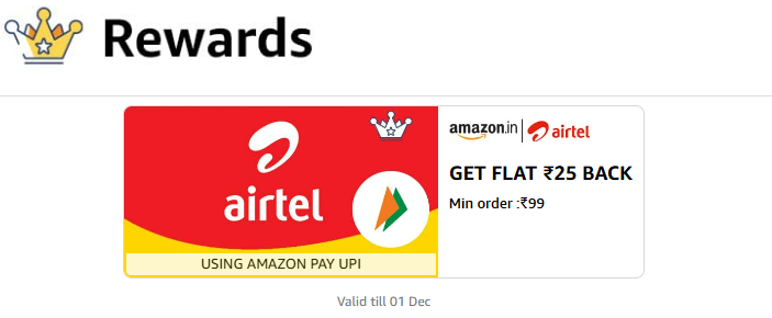 Image of Airtel Recharge Pay on Amazon Pay UPI Get FLAT ₹25 BACK Min order ₹99