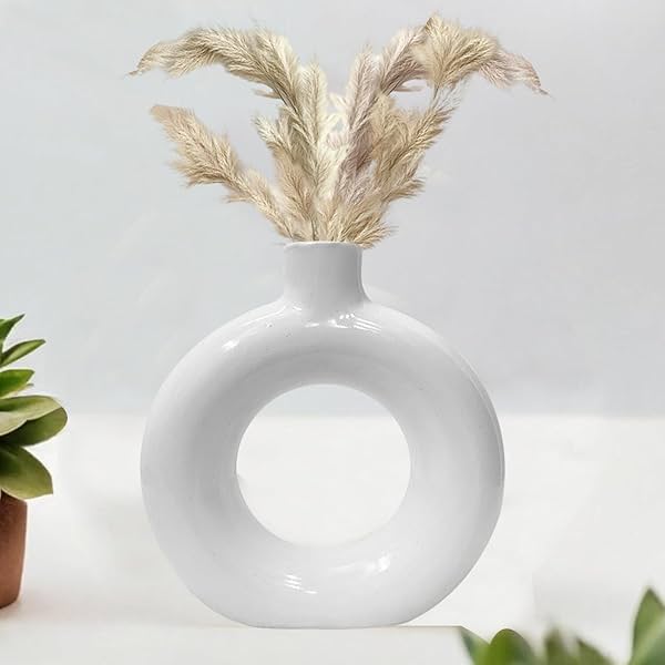 Image of Amazon Basics Artisan Crafted Ceramic Donut Shaped Vase with Pampas Grass