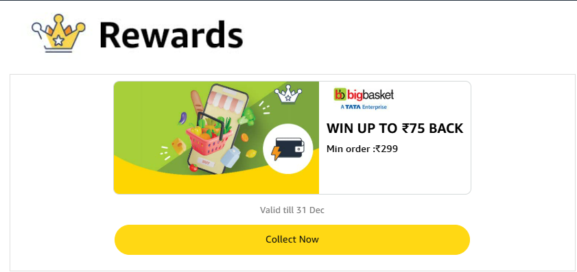 Image of Amazon Bigbasket Offer: Win Up To ₹75 Cashback on Minimum order value of ₹299