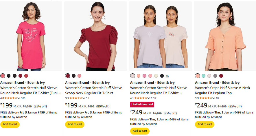 Image of Amazon Brand - Eden & Ivy Women's Fashion T-shirt Starts @ ₹199