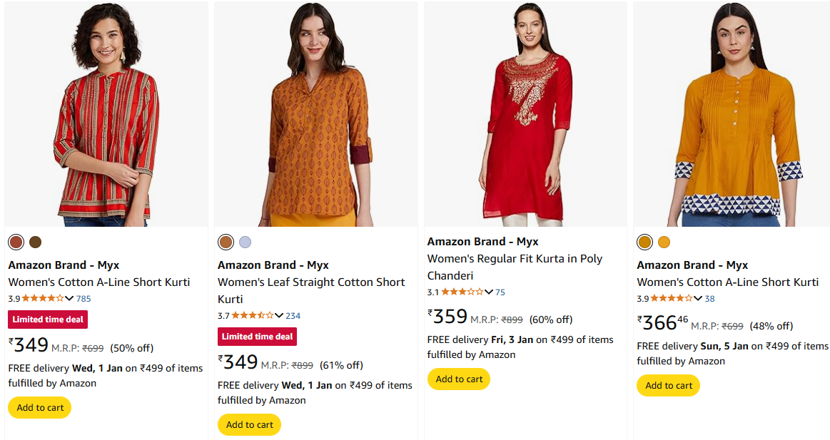 Image of Amazon Brand - Myx Women's Cotton Kurti at Minimum 70% Discount 