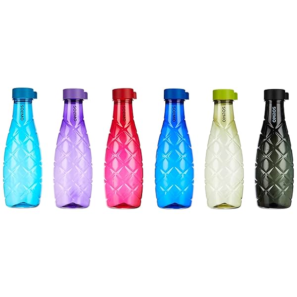 Image of Amazon Brand - Solimo 1 Lt Water Bottle | Multicolor | Set Of 6 (Xing) - Polyethylene Terephthalate