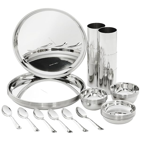 Image of Amazon Brand - Solimo Dinner Set | Stainless Steel | Mirror Finish | Set of 36