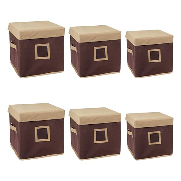 Image of Amazon Brand - Solimo Fabric Storage Box with Lid Set, 6 Piece, Beige and Brown