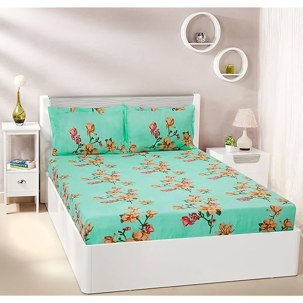 Image of Amazon Brand - Solimo Florally Yours Microfibre Elastic Fitted Bedsheet for Double Bed with 2 Pillow Covers