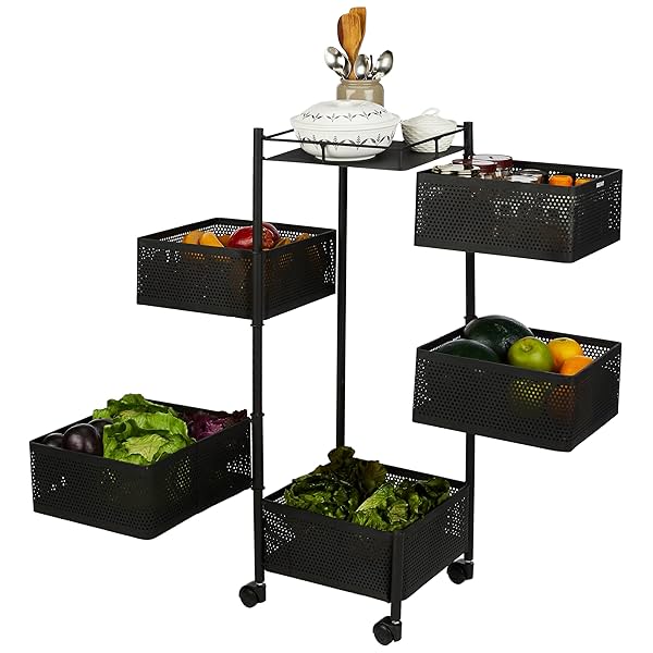 Image of Amazon Brand - Solimo Iron 5 Layer Rotating Kitchen Trolley for Storing Fruits&Vegetables,Black