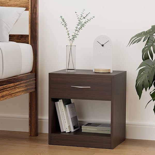 Image of Amazon Brand - Solimo Mars Engineered Wood Walnut Finish Contemporary Bedside Table with Drawer