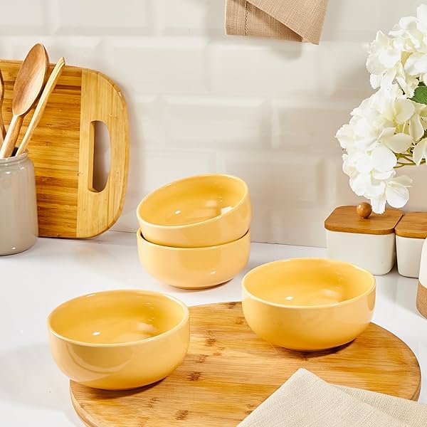 Image of Amazon Brand - Solimo Mustard Color 500ML Ceramic Bowl Dishwasher Set of 4