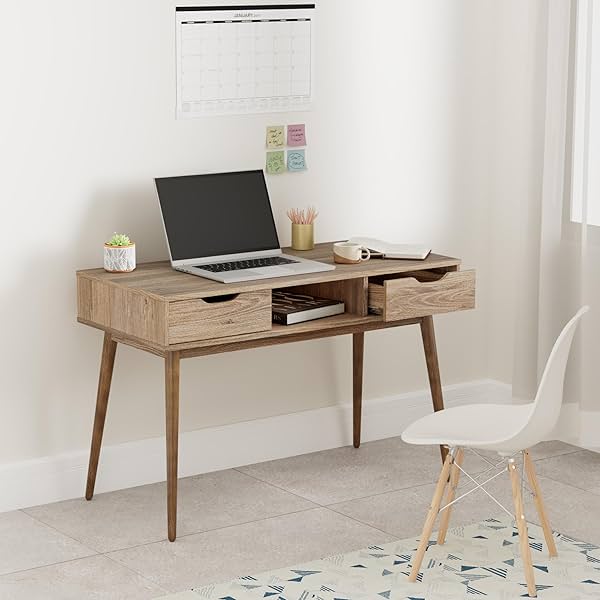 Image of Amazon Brand - Solimo Oryx Engineered Wood Study Table | Desk (2 Drawers and 1 Open Shelf, Oak Finish)