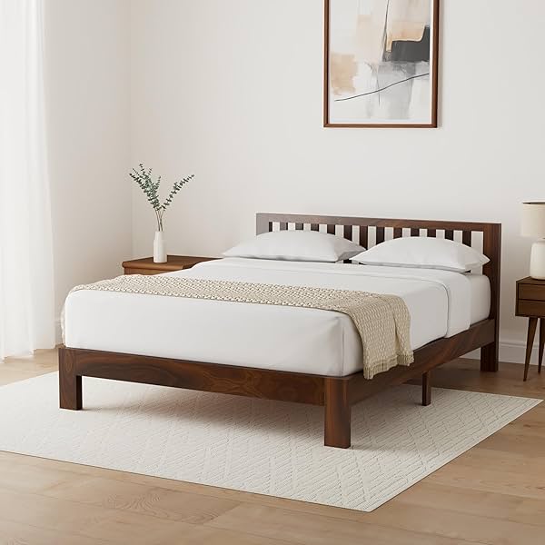 Image of Amazon Brand - Solimo Petra Solid Sheesham Wood Queen Bed (Teak Finish)