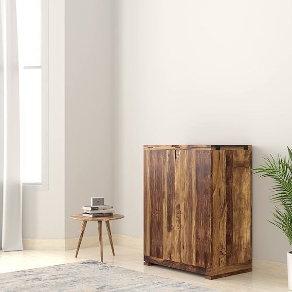 Image of Amazon Brand - Solimo Saugus Solid Sheesham Wood Bar Cabinet, Natural Finish, 2 Doors