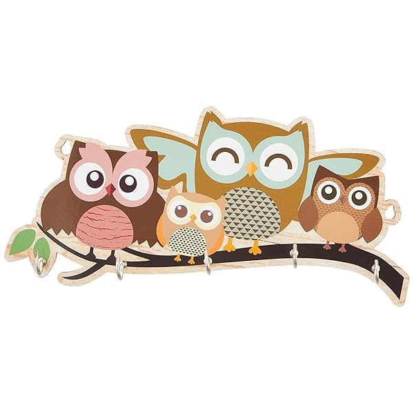 Image of Amazon Brand - Solimo Wooden Owl Family Key Stand for Wall | 5 Hooks