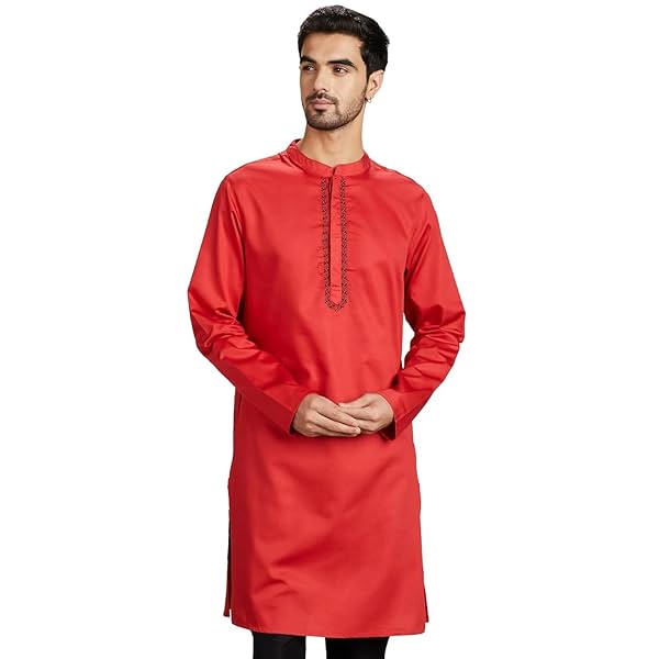 Image of Amazon Brand - Symbol Men's Cotton Solid Festive Embellished Long Kurta