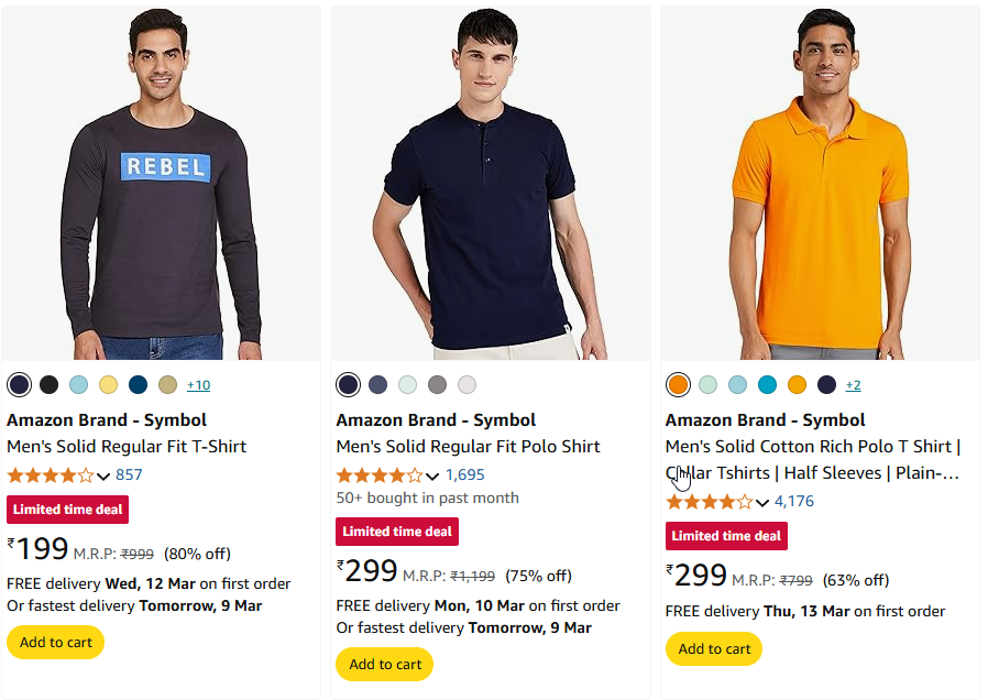 Image of Amazon Brand - Symbol Men's Regular Fit T-Shirt Starting Price@ ₹199