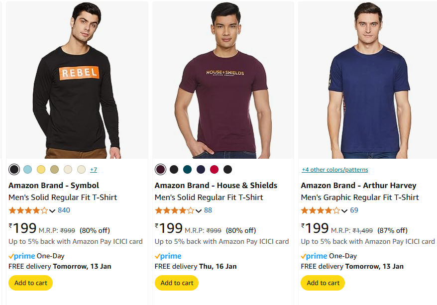 Image of Amazon Brand - Symbol Men's Solid Regular Fit T-Shirt Starting Price @ ₹199