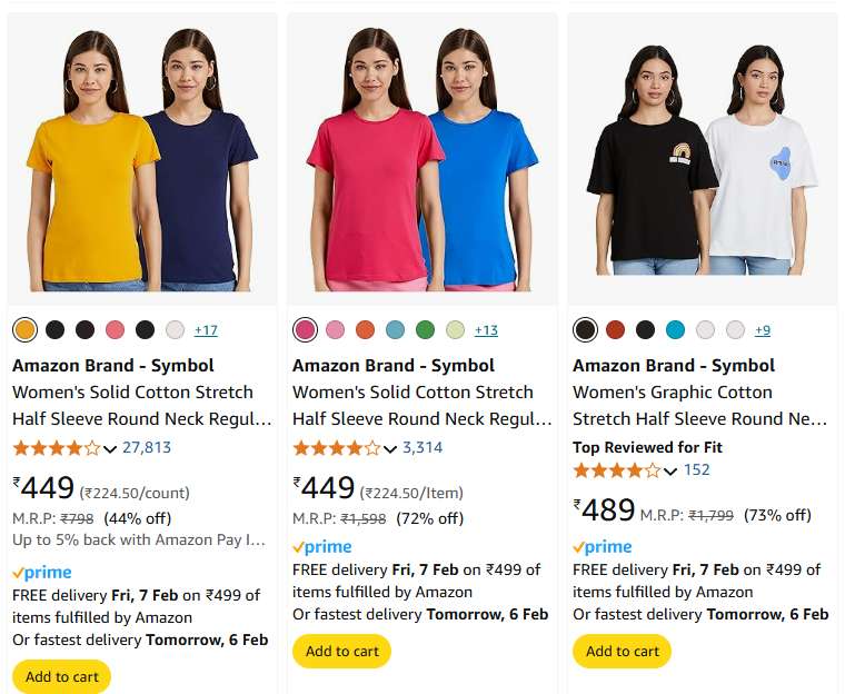 Image of Amazon Brand - Symbol Women's Solid Cotton Stretch Half Sleeve Round Neck Regular Fit T-Shirt (Pack of 2) Starting Price