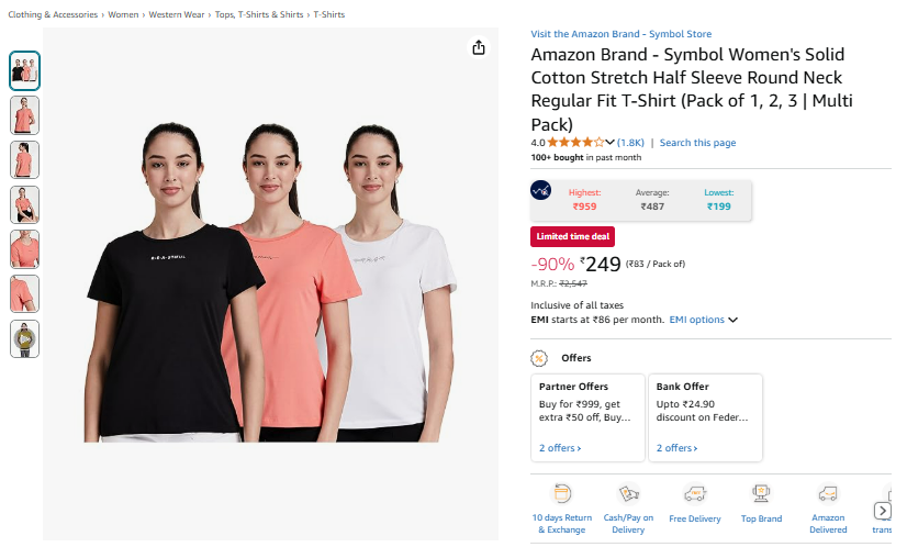 Image of Amazon Brand - Symbol Women's Solid Cotton Stretch Half Sleeve Round Neck Regular Fit T-Shirt