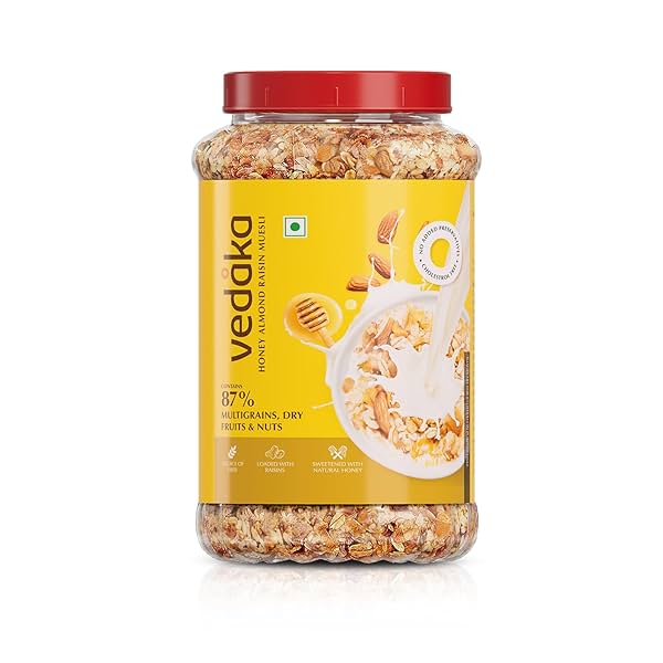 Image of Amazon Brand - Vedaka Honey Almond Raisin Muesli 1 kg | Sweetened with Natural Honey | 