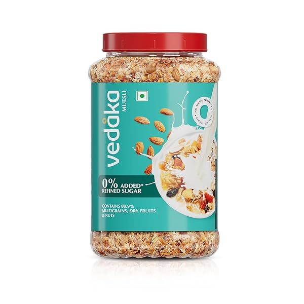 Image of Amazon Brand - Vedaka Muesli 1 kg Jar | Contains 88.9% Dry fruits, Nuts and Multgrains