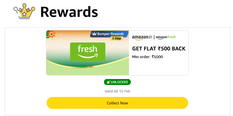 Image of Amazon Fresh Rewards : Flat ₹500 Cashback on Minimum Order of ₹5000