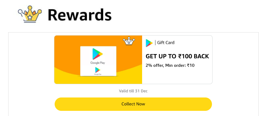 Image of Amazon Google Play Gift card Offer: Flat 2% Cashback Up To ₹100 on Min. Order value of ₹10