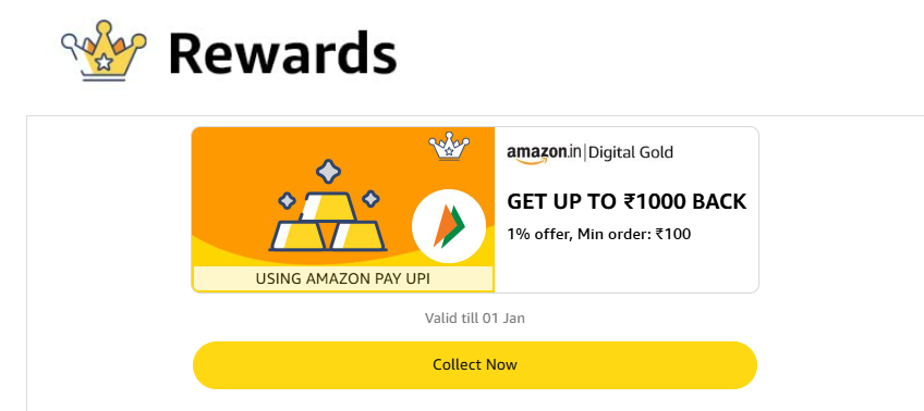 Image of Amazon Pay Digital Gold Offer: Flat 1% Cashback upto ₹1000 on Min. order value of ₹100 