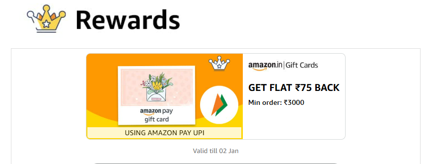 Image of Amazon Pay Giftcard Offer: Flat ₹75 Back on ₹3000 Giftcard Order