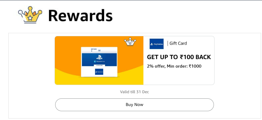 Image of Amazon Playstation Gift Card Offer: Flat 2% Cashback Up To ₹100 On Min. order value of ₹1000