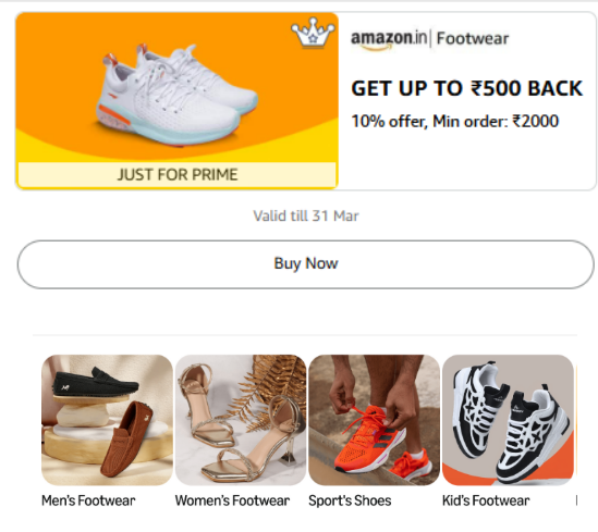 Image of Amazon Reward : Flat ₹500 Cashback, Minimum Order of ₹2000 on Shoes Products 