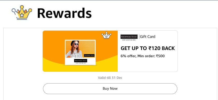 Image of Amazon Shoppers Stops Gift Card Offer: Up To ₹120 Cashback on Minimum order value of ₹500