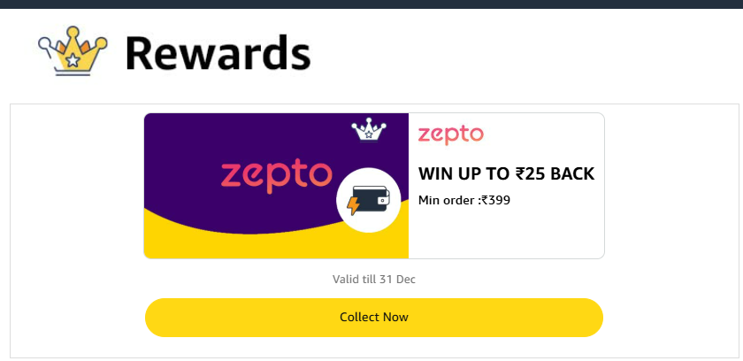 Image of Amazon Zepto Offer: Win Up To ₹25 Cashback on Minimum order value of ₹399