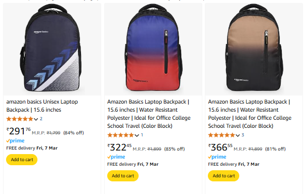 Image of Amazon basics Laptop Backpack @ Starting ₹291