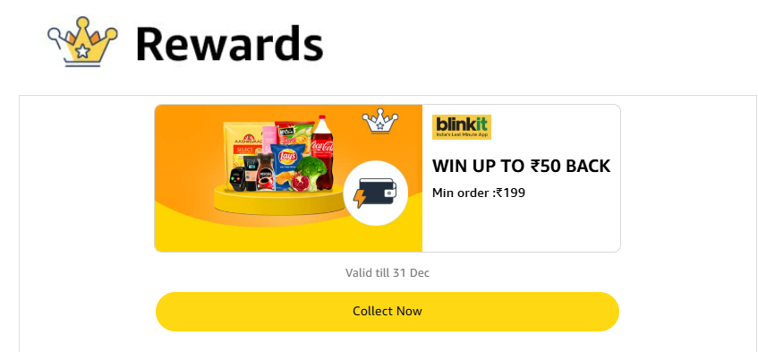 Image of Amazon blinkit Offers : Win Up to ₹50 Cashback on Min. Transaction Value of ₹199