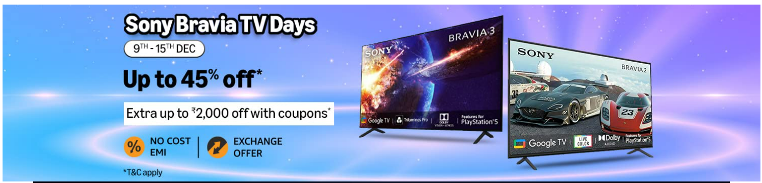 Image of Amazon offer Sony Bravia TV Days: Upto 45% off + Extra 2000 off with Coupons