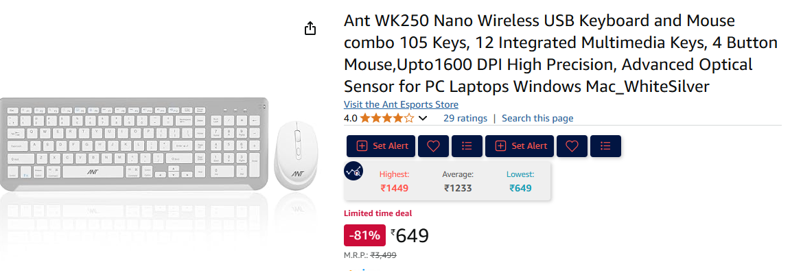 Image of Ant WK250 Nano Wireless USB Keyboard and Mouse combo 105 Keys