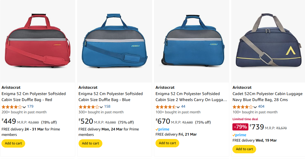 Image of Aristocrat 52cm Cabin Size Duffle Bags Starting @ ₹449