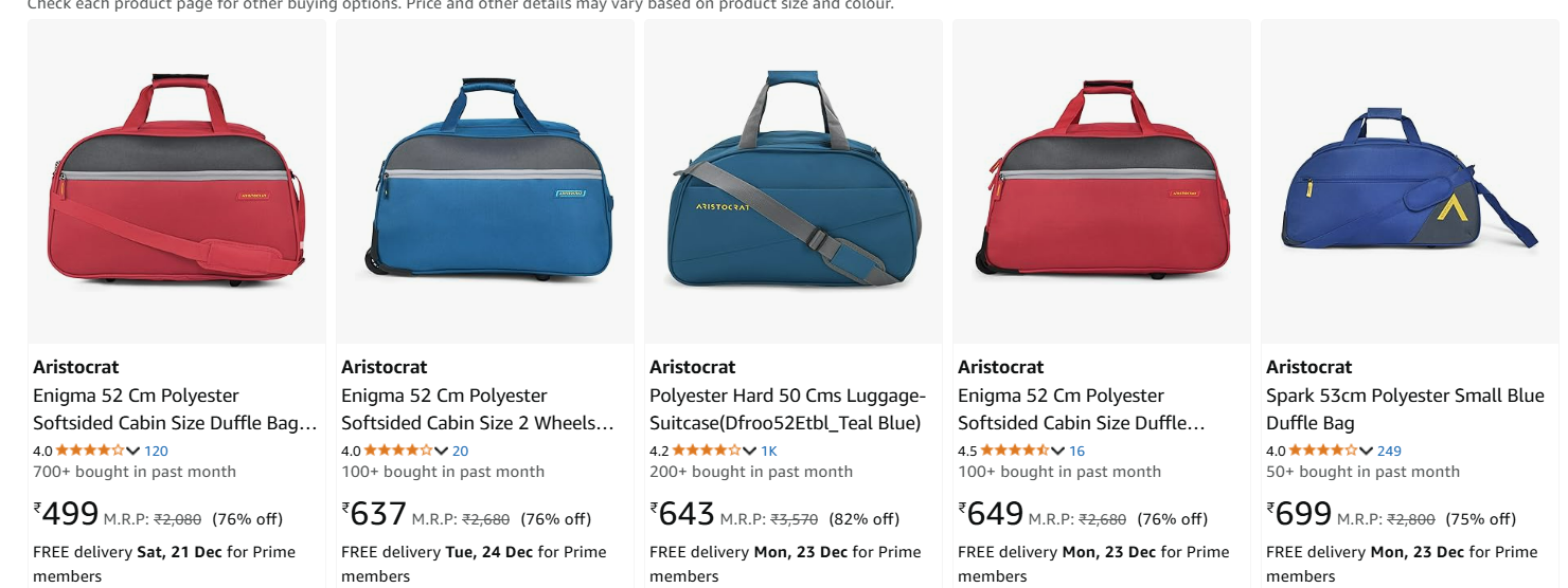 Image of Aristocrat Duffle Bags Starting at just ₹498 