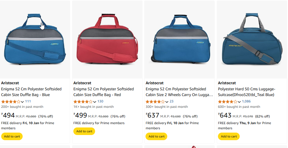 Image of Aristocrat Enigma 52 Cm Polyester Softsided Cabin Size Duffle Bag Starting Price @ ₹494