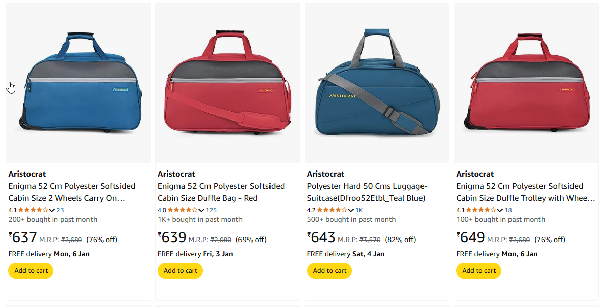 Image of Aristocrat Enigma Luggage Duffle Trolley Wheels Starting Price @ ₹637